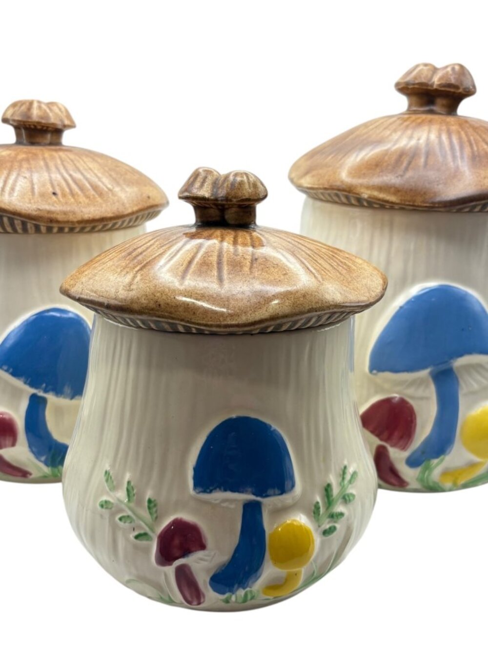 Set Of 3 Vintage Mushroom Canisters With Lids